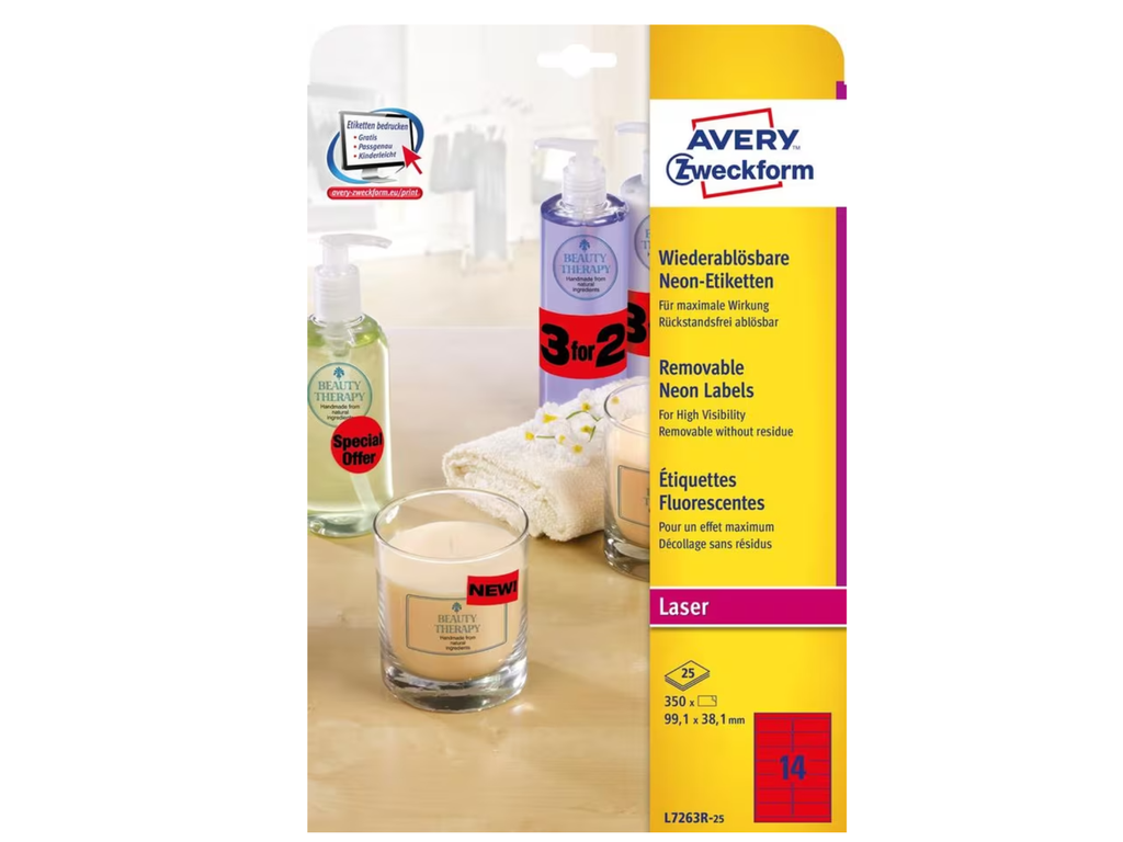 Etiketten Avery Removable 14 etik/bl 99,1x38,1mm voor laser rood (25)