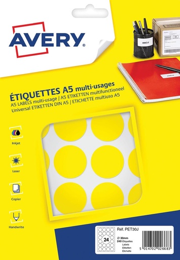 [TIM-PET30J] Markeringsetiket Avery 24 etik/bl. Ø30mm (10) (geel)