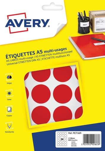 [TIM-PET30R] Markeringsetiket Avery 24 etik/bl. Ø30mm (10) (rood)
