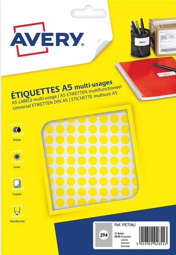 [TIM-PET08J] Markeringsetiket Avery 294 etik/bl. Ø8mm (10) (geel)