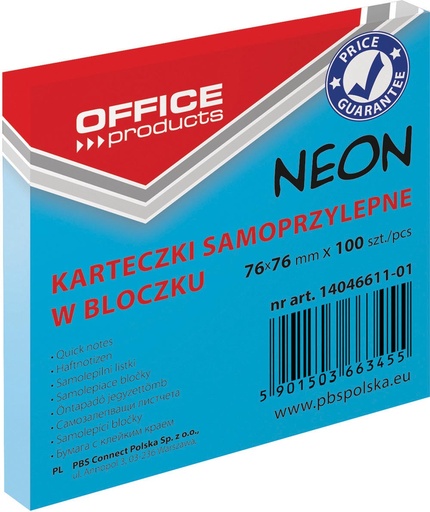 [TIM-4661101]  Memoblok Neon OFFICE products ft 76 x 76 mm 100 vel (blauw)