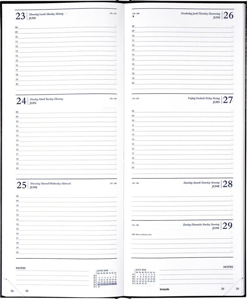 Agenda Brepols Saturnus Lima 128x330mm viertalig zwart 2027 1 week/2 pagina's