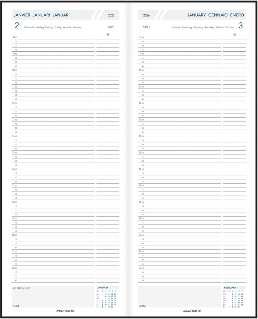 Agenda Aurora Longo LA211 Balacron 140x340mm zestalig assorti 2026 1 dag/pagina