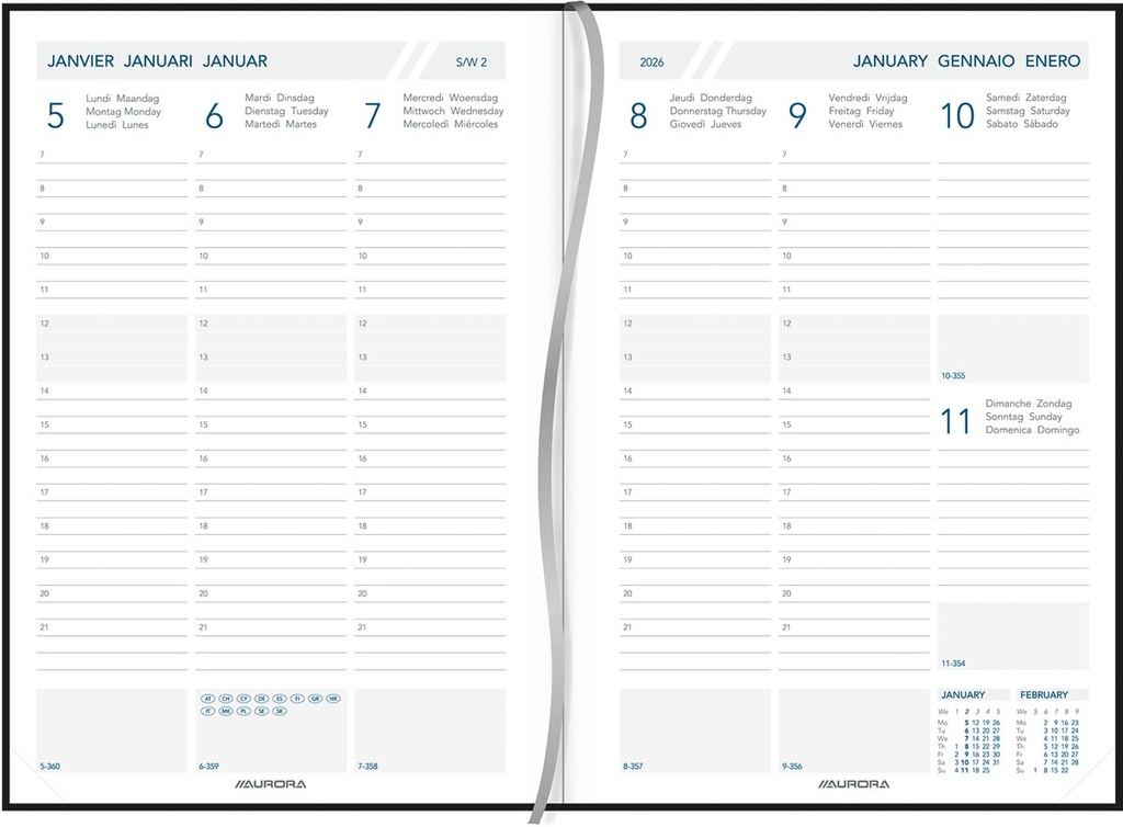 Agenda Aurora Universe 34 Florence 145x210mm zestalig zwart 2026 1 week/2 pagina's