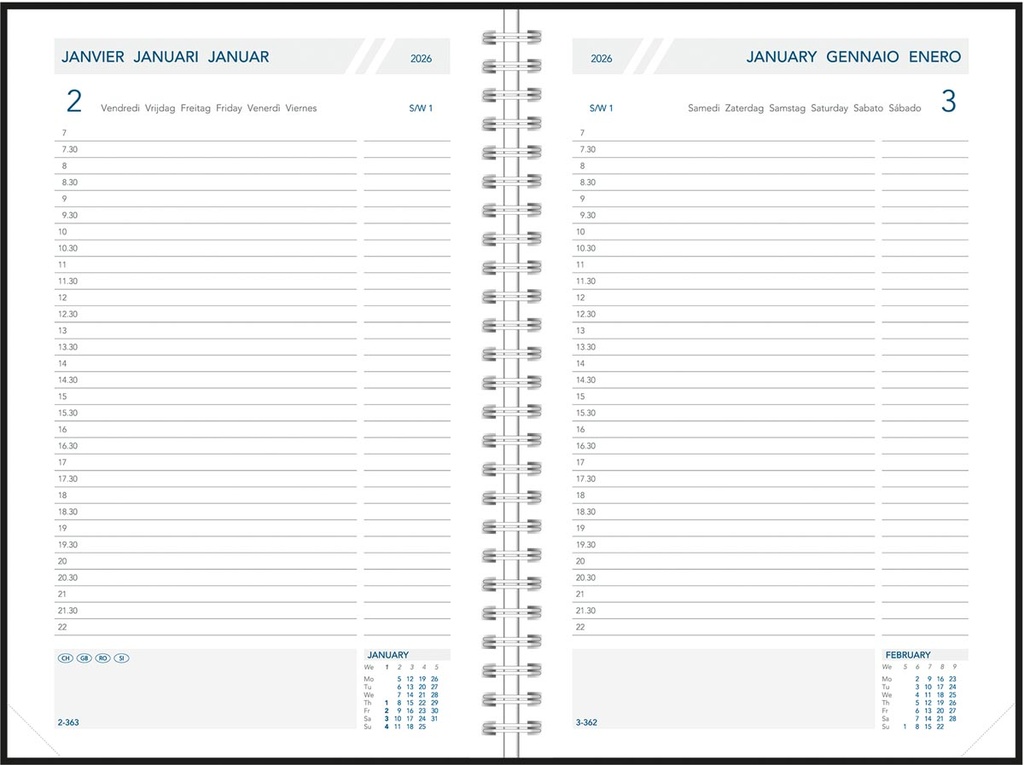 Agenda Aurora Daily 32W 140x210mm zestalig assorti 2026 1 dag/pagina
