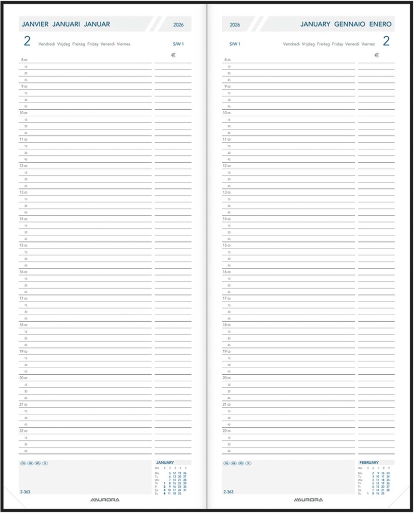 Agenda Aurora Longo LA411 Linnen 140x340mm zestalig zwart 2027 1 dag/2 pagina's