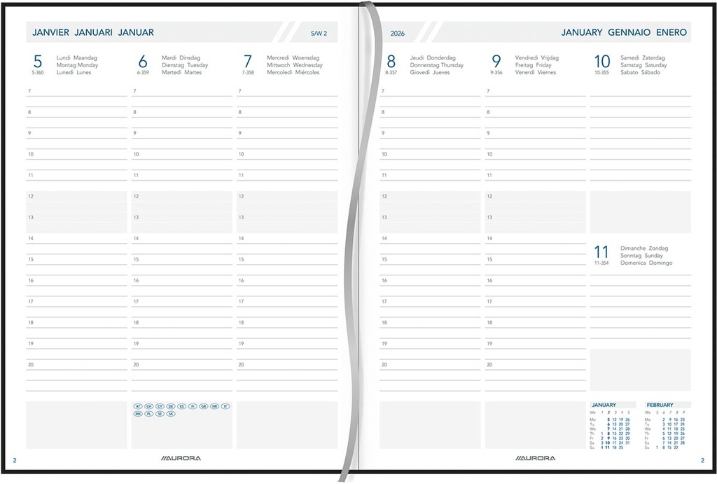 Agenda Aurora Business 29 Florence 175x225mm zestalig zwart 2026 1 week/2 pagina's