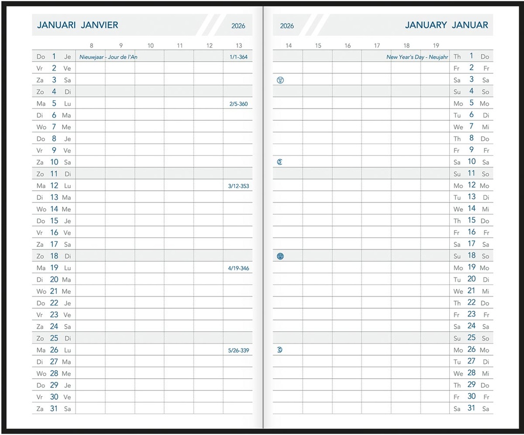 Zakagenda Aurora Oraplan 19 Seta 105x165mm viertalig assorti 2027 1 maand/2 pagina's