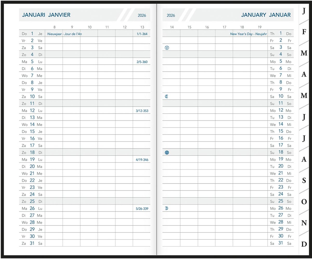 Zakagenda Aurora Oraplan 18 Seta 105x165mm viertalig assorti 2027 1 maand/2 pagina's