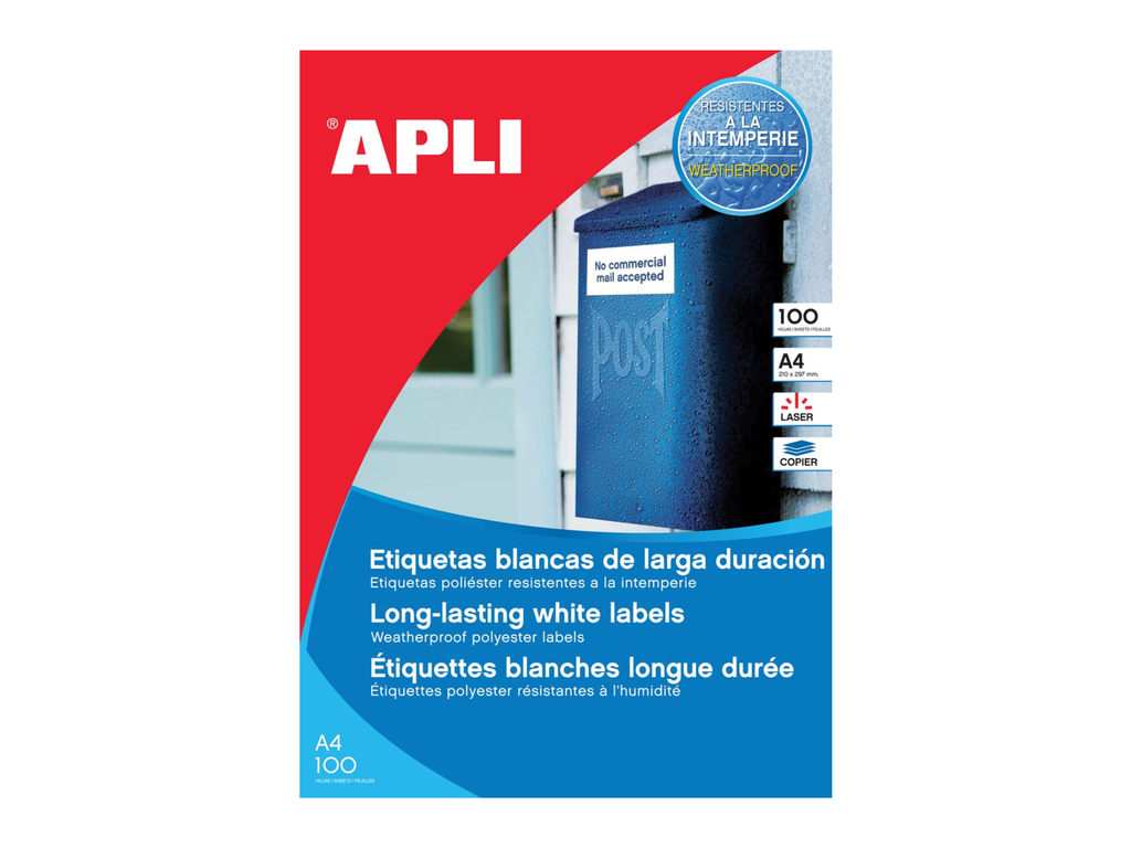 Etiketten Apli polyester waterbestendig 01 etik/bl 210x297mm wit (100)