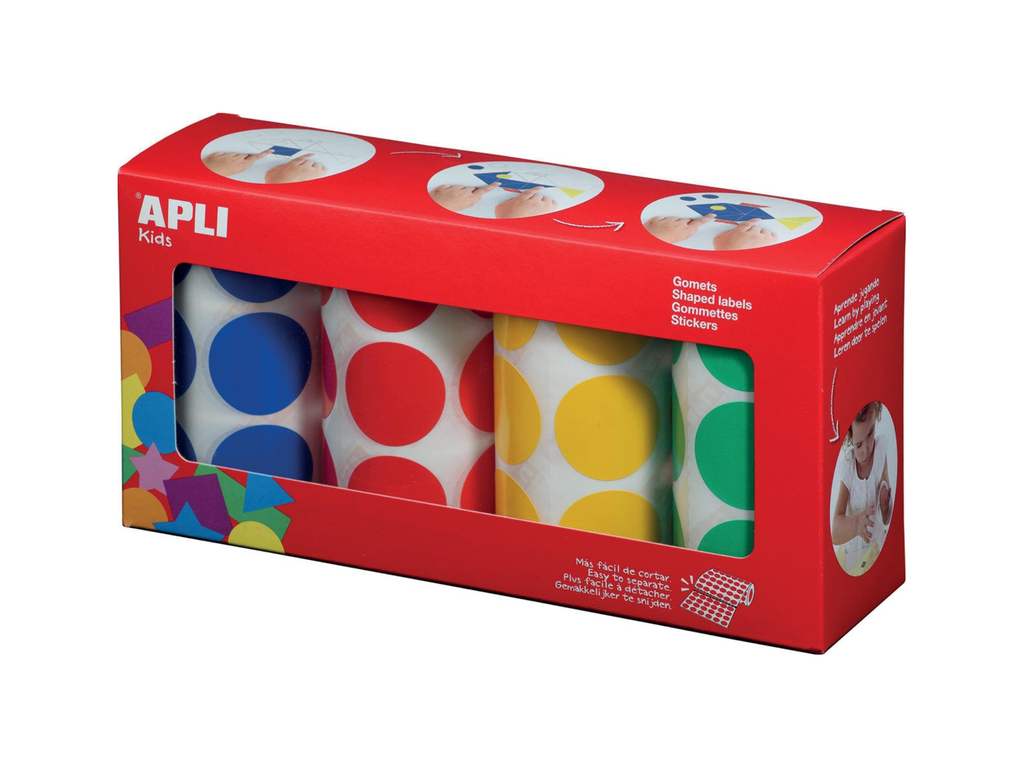 Stickers Apli Kids op rol XL cirkels Ø33mm 4 rollen in 4 veschillende kleuren