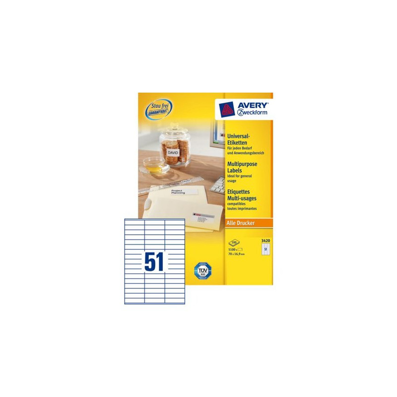 Etiketten Avery Universeel 51 etik/bl 70x16,9mm wit (100)