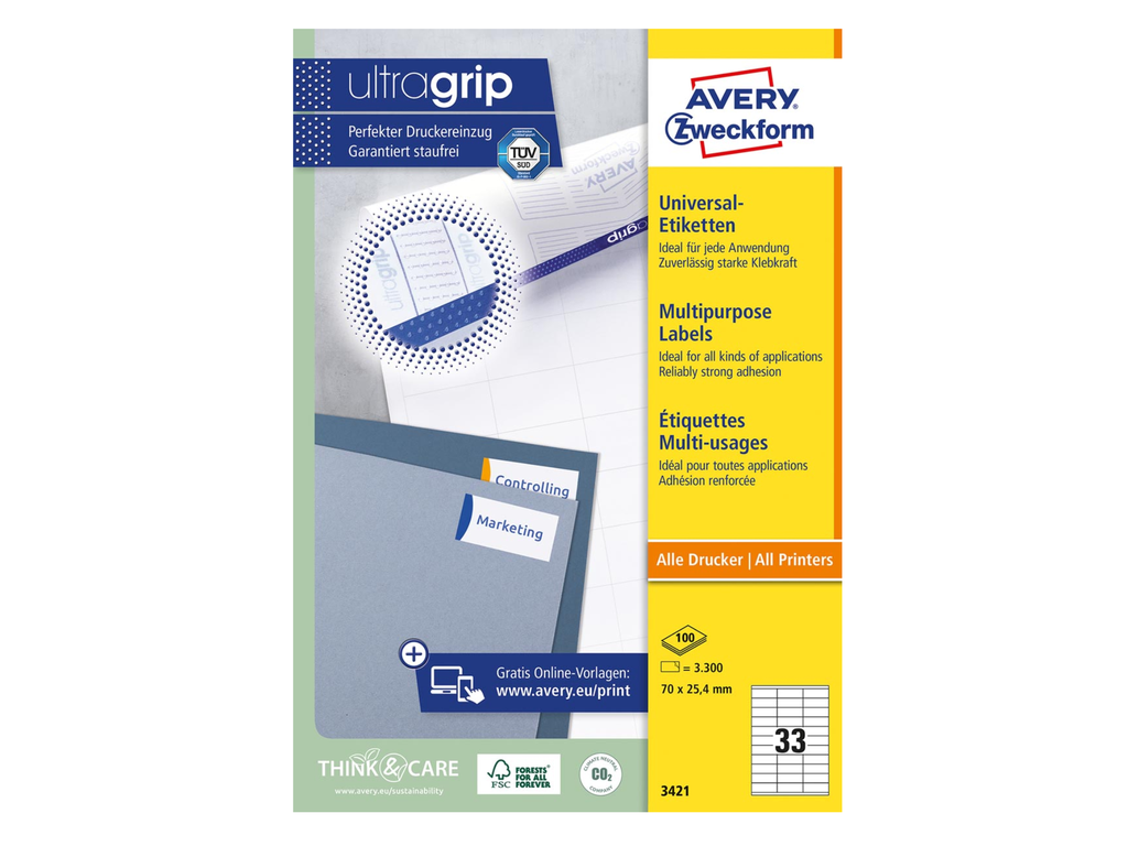 Etiketten Avery Universeel 33 etik/bl 70x25,4mm wit (100)