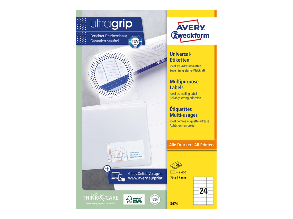 Etiketten Avery Universeel 24 etik/bl 70x37mm wit (100)