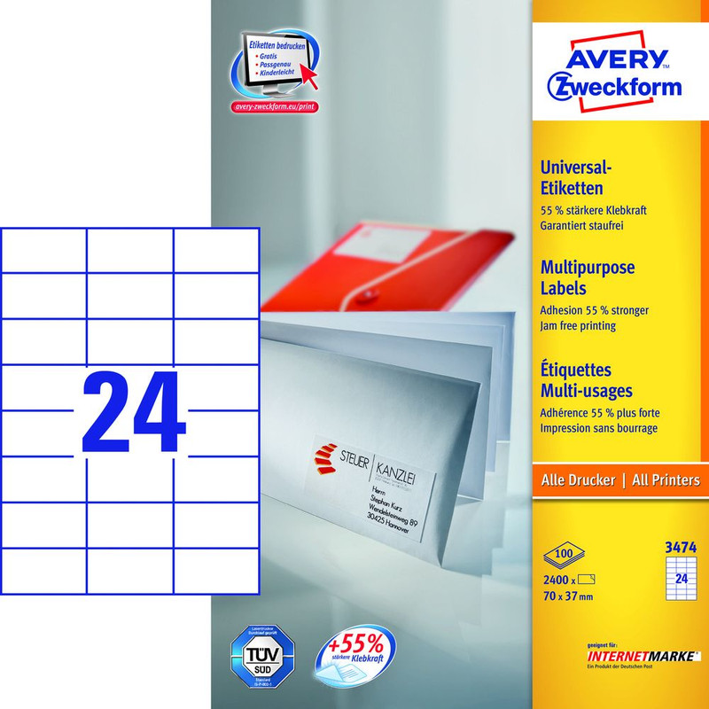 Etiketten Avery Universeel 24 etik/bl 70x37mm wit (100)