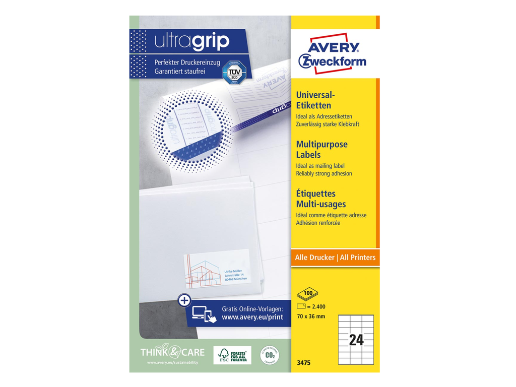 Etiketten Avery Universeel 24 etik/bl 70x36mm wit (100)
