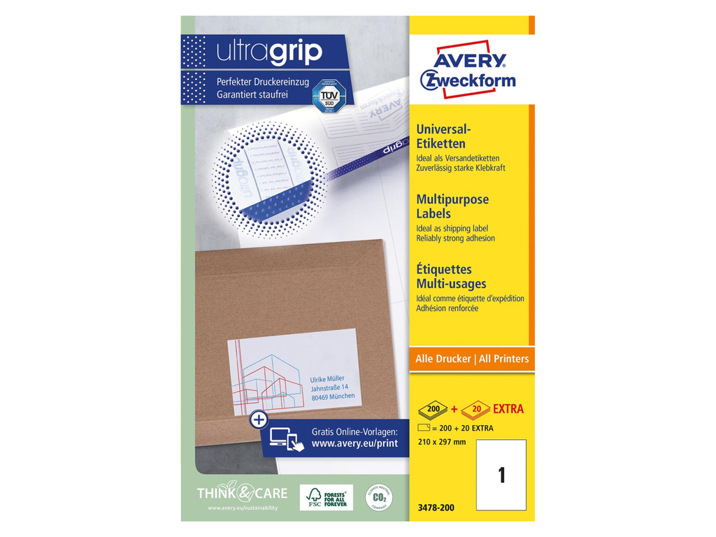 Etiketten Avery Universeel 01 etik/bl 210x297mm wit (200)