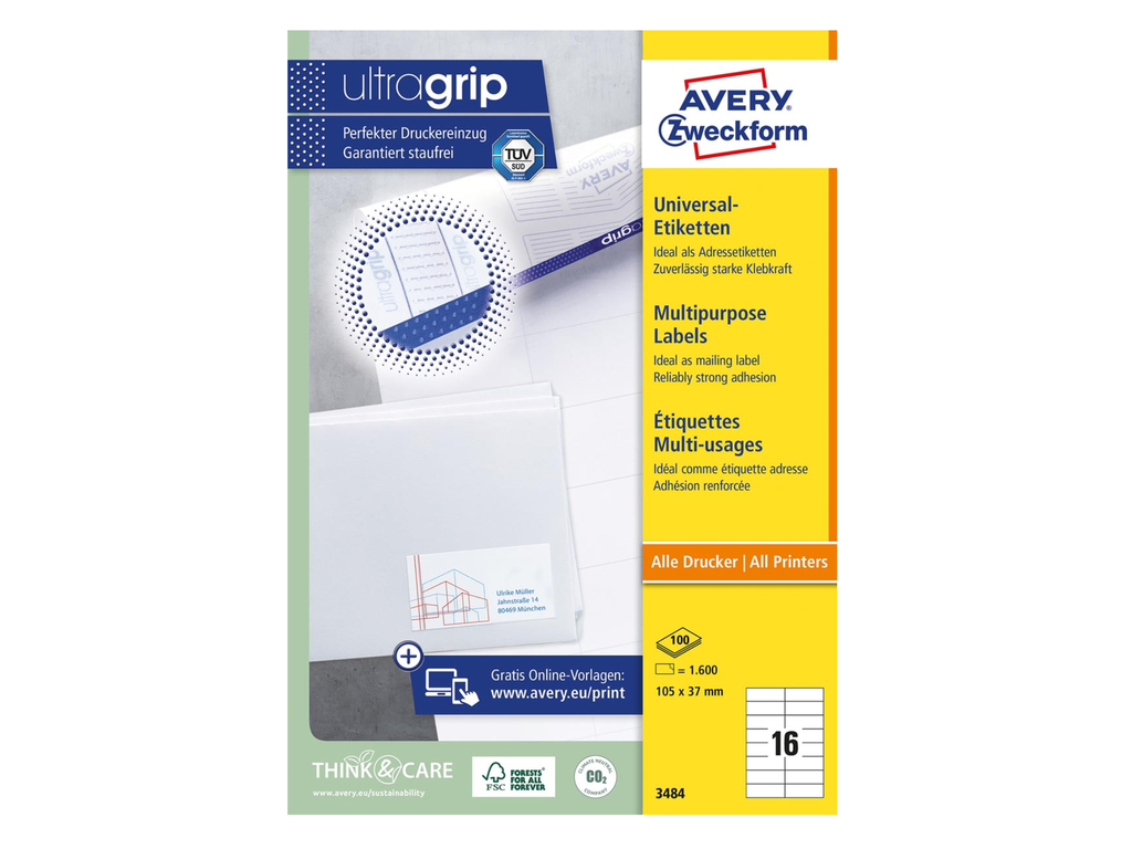 Etiketten Avery Universeel 16 etik/bl 105x37mm wit (100)