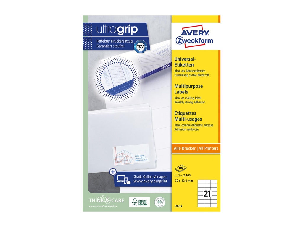 Etiketten Avery Universeel 21 etik/bl 70x42,3mm wit (100)