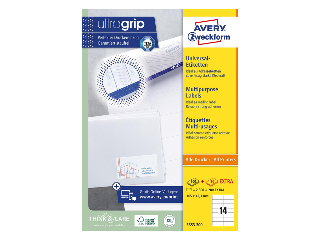 Etiketten Avery Universeel 14 etik/bl 105x42,3mm wit (200)
