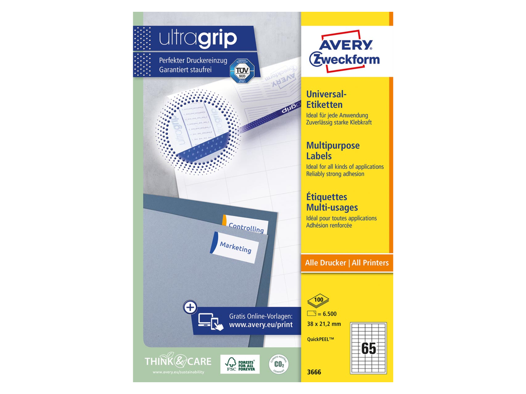 Etiketten Avery Universeel 65 etik/bl 38x21,2mm wit (100)