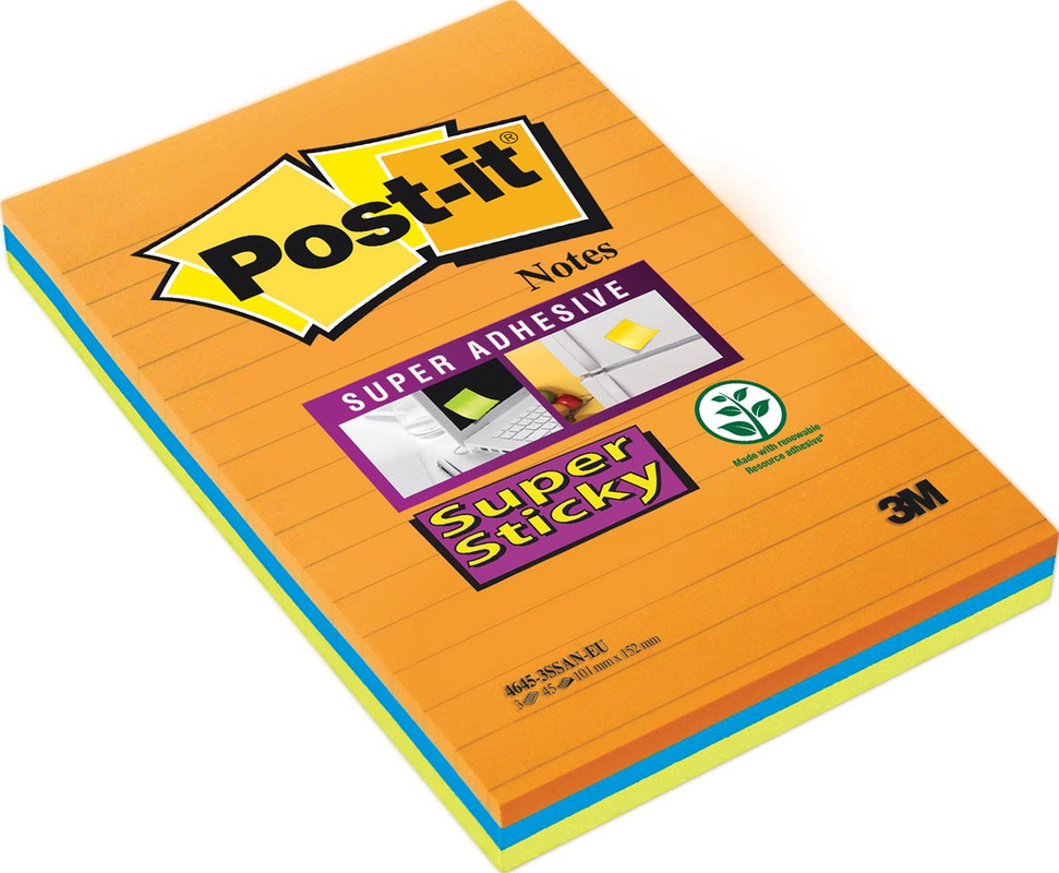 Memoblok Post-It Super Sticky Notes 102x152mm 45vel gelijnd assorti (3)