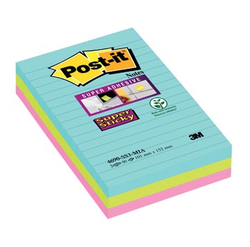 Memoblok Post-It Super Sticky Miami 101x152mm gelijnd assorti (3)