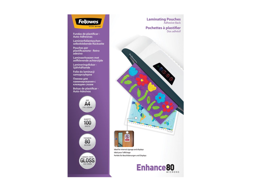 Lamineerhoes Fellowes Enhance A4 2x80µ zelfklevende achterkant (100)