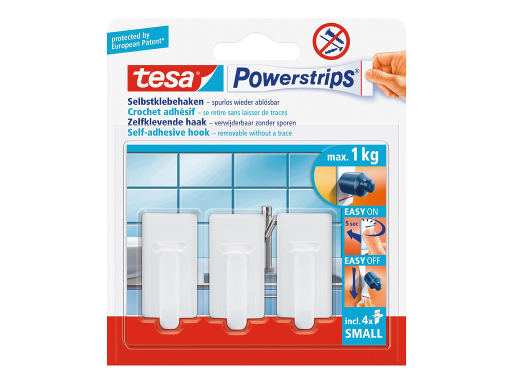 Zelfklevende haken Tesa Powerstrips 1kg 4 strips en 3 haken wit