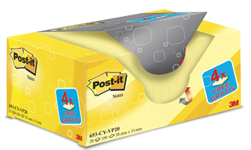 Memoblok Post-It 38x51mm geel voordeelpak 16+4 gratis