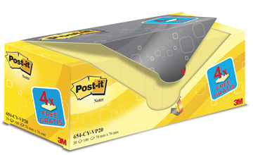Memoblok Post-It 76x76mm geel voordeelpak 16+4 gratis