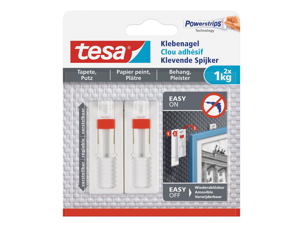 Kleefspijker Tesa zelfklevend op behang en pleisterwerk draagvermogen 1kg verstelbaar blister (2)