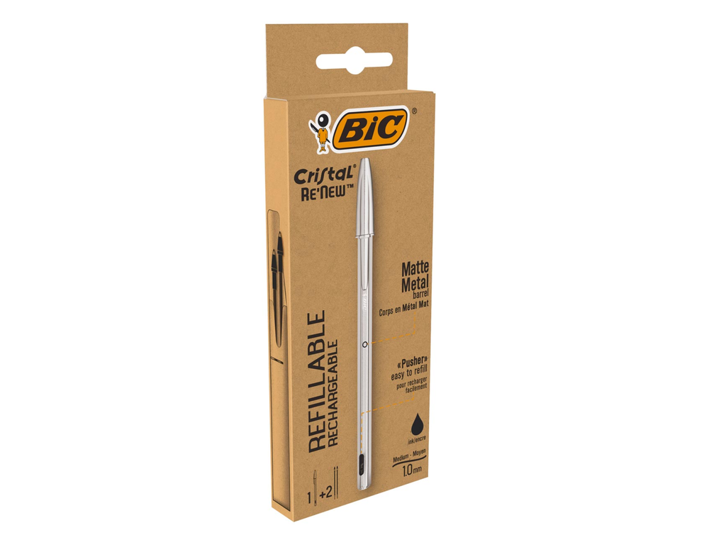 Balpen Bic Cristal Re-new zilveren lichaam zwarte inkt inclusief 2 vullingen