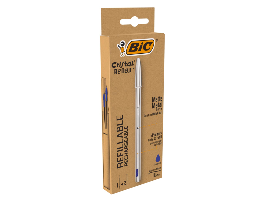 Balpen Bic Cristal Re-new zilveren lichaam blauwe inkt inclusief 2 vullingen