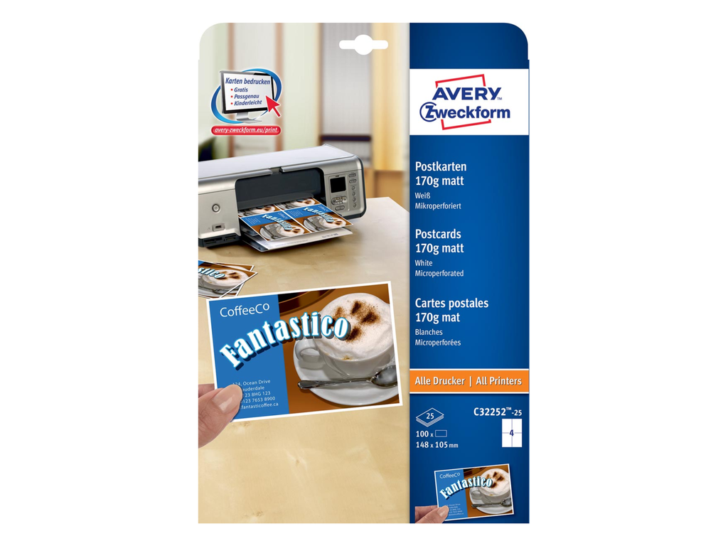 Postkaart Avery 4/blad 148x105mm 170g (25)