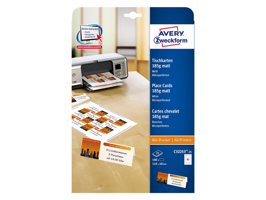 Naamkaart Avery 4/blad 110x40mm 185g (25)