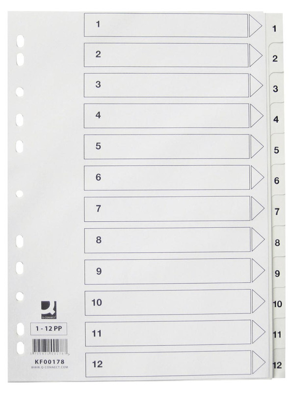 Tabbladen Q-Connect PP A4 11-gaats 1-12 wit (901628)