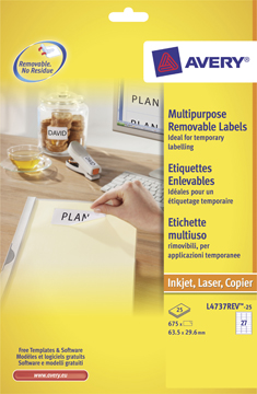 Etiketten Avery Removable 27 etik/bl 63,5x29,6mm wit (25)