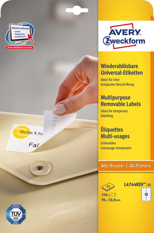 Etiketten Avery Removable 10 etik/bl 96x50,8mm wit (25)