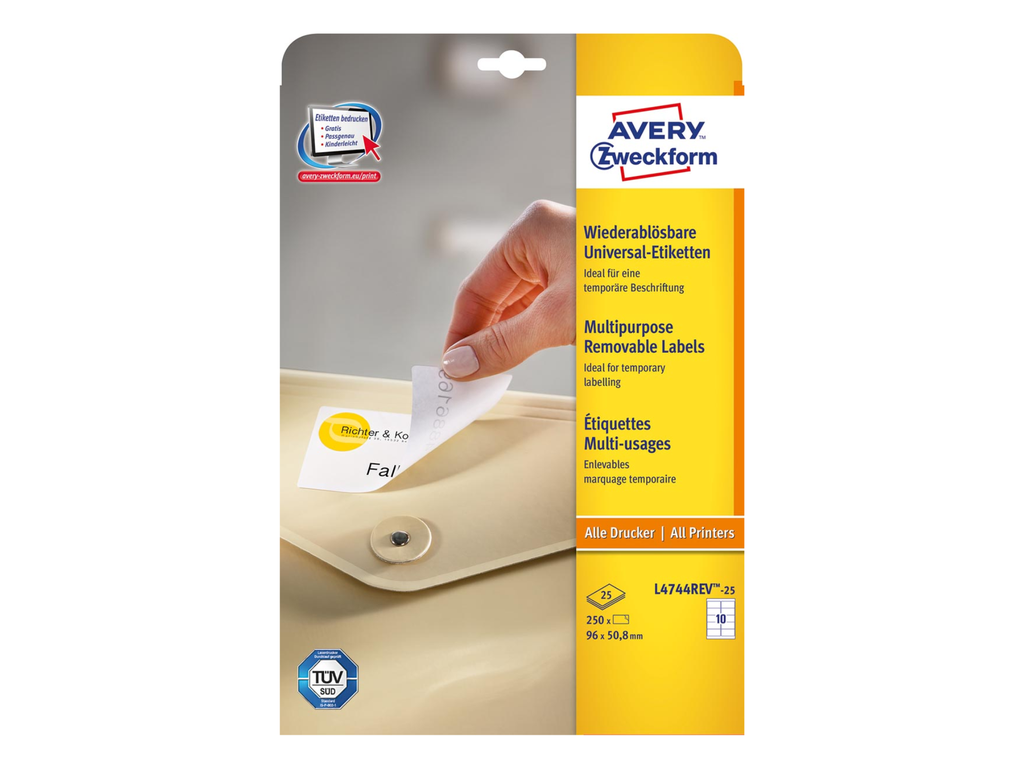 Etiketten Avery Removable 10 etik/bl 96x50,8mm wit (25)