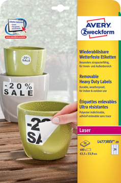 Etiketten Avery Removable Heavy Duty 24 etik/bl 63,5x33,9mm voor laser wit (20)