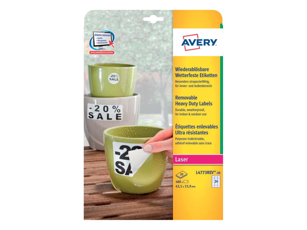 Etiketten Avery Removable Heavy Duty 24 etik/bl 63,5x33,9mm voor laser wit (20)