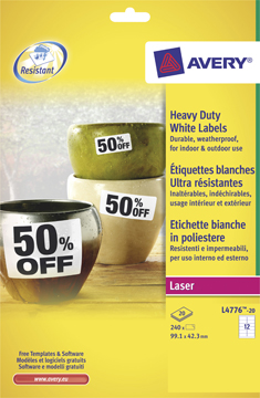 Etiketten Avery Heavy Duty 12 etik/bl 99,1x42,3mm voor laser wit (20)