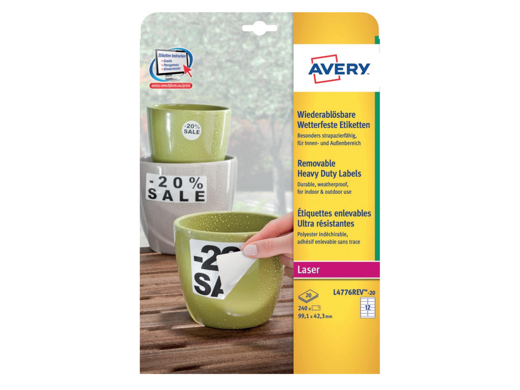 Etiketten Avery Removable Heavy Duty 12 etik/bl 99,1x42,3mm voor laser wit (20)