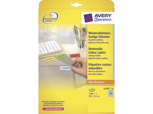 Etiketten Avery Removable 65 etik/bl 38,1x21,2mm blauw (20)