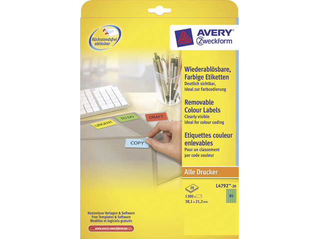 Etiketten Avery Removable 65 etik/bl 38,1x21,2mm groen (20)