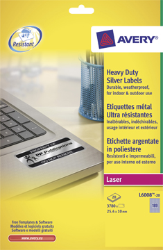 Etiketten Avery Heavy Duty 189 etik/bl 25,4x10mm voor laser zilver (20)