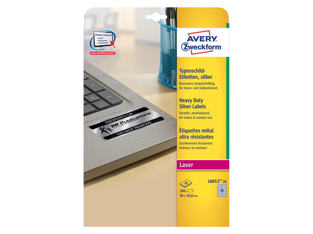 Etiketten Avery Heavy Duty 10 etik/bl 96x50,8mm voor laser zilver (20)