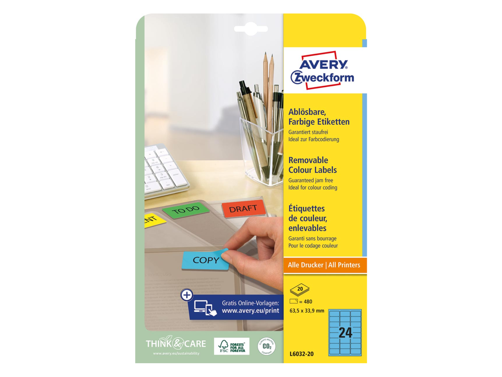 Etiketten Avery Removable 24 etik/bl 63,5x33,9mm blauw (20)