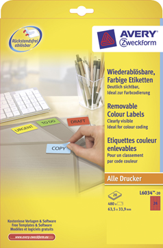 Etiketten Avery Removable 24 etik/bl 63,5x33,9mm rood (20)